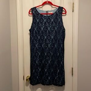 Sleeveless navy blue lace mini dress